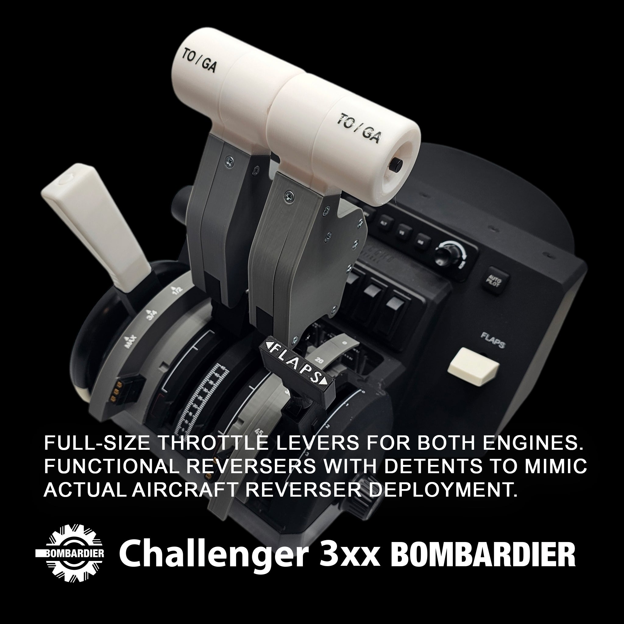 Close-up of throttle levers in the Prodesksim Bombardier Challenger 3xx addon/mod for Honeycomb Bravo, designed for flight simulation fans. Levers are marked "T/O GA" and "FLAPS," with functional reversers and detents. Ideal for enthusiasts using this setup.