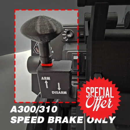 A close-up of the Prodesksim Airbus A300/310 Arm-Dis Arm Speed Brake Only for Honeycomb Bravo shows the control lever with "ARM" and "DISARM" labels, red dashed outlines, and text: "Airbus A300/310 SPEED BRAKE ONLY.