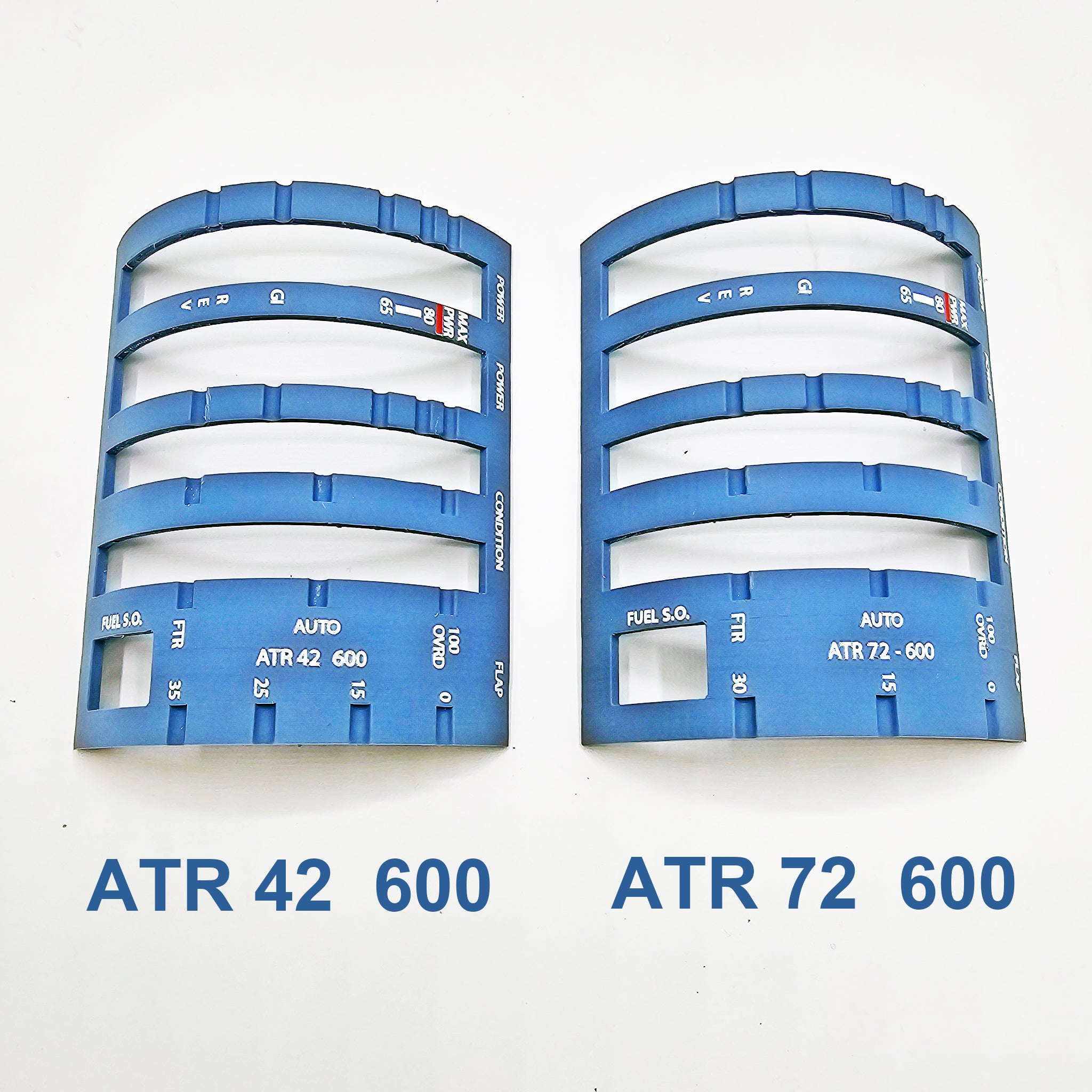 Two blue NEW! ATR 42/72 Advanced Gates Only panels by Prodesksim are displayed side by side on a white background, featuring multiple cutouts and markings—ideal as a Honeycomb Bravo addon for increased realism.