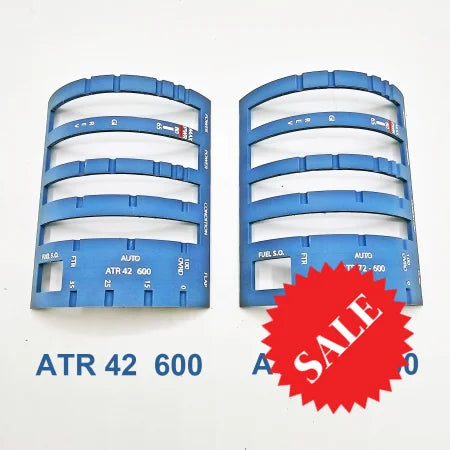 Two blue NEW! ATR 42/72 Advanced Gates Only panels by Prodesksim are displayed side by side on a white background, featuring multiple cutouts and markings—ideal as a Honeycomb Bravo addon for increased realism.