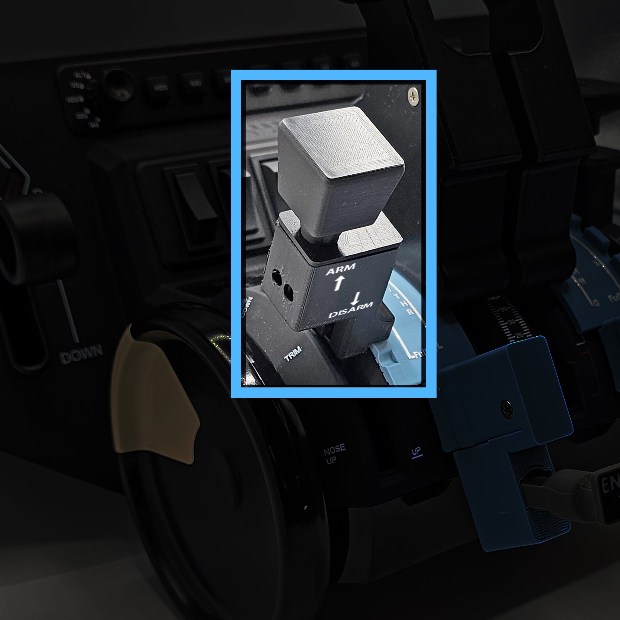 Close-up of a control panel highlighting the Airbus Arming Detent Speed Brake from Prodesksim, featuring a prominent black lever with "ARM" and "DISARM" labels, surrounded by a highlighted blue rectangle. Part of an addon for a flight simulation experience, the setup also showcases additional buttons and dials with emphasis on the lever mechanism.