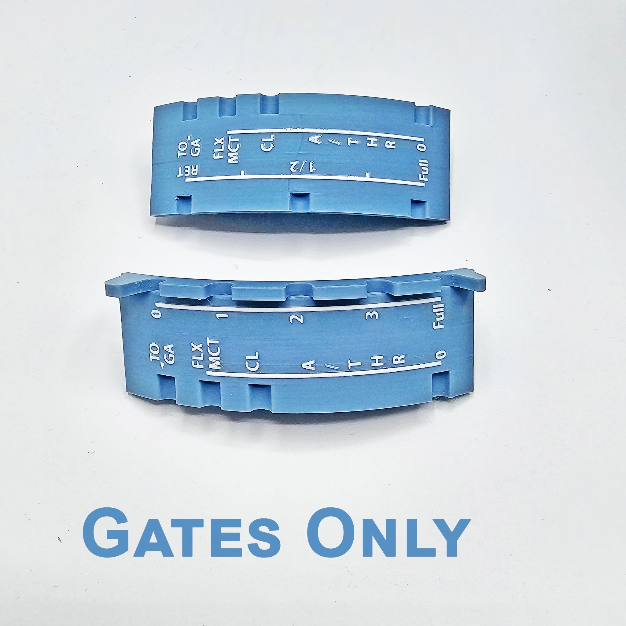 Two blue semi-circular plastic pieces labeled "Advanced Airbus Gates and Speed Brake Detent Track Only" by ProDeskSim are positioned in the image. Resembling controls for aircraft like the Boeing 757/767/777, these ProDeskSim products feature various letters and symbols that likely indicate measurements or settings, set against a plain white background.