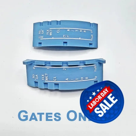 Two blue semi-circular plastic pieces labeled "Advanced Airbus Gates and Speed Brake Detent Track Only" by ProDeskSim are positioned in the image. Resembling controls for aircraft like the Boeing 757/767/777, these ProDeskSim products feature various letters and symbols that likely indicate measurements or settings, set against a plain white background.