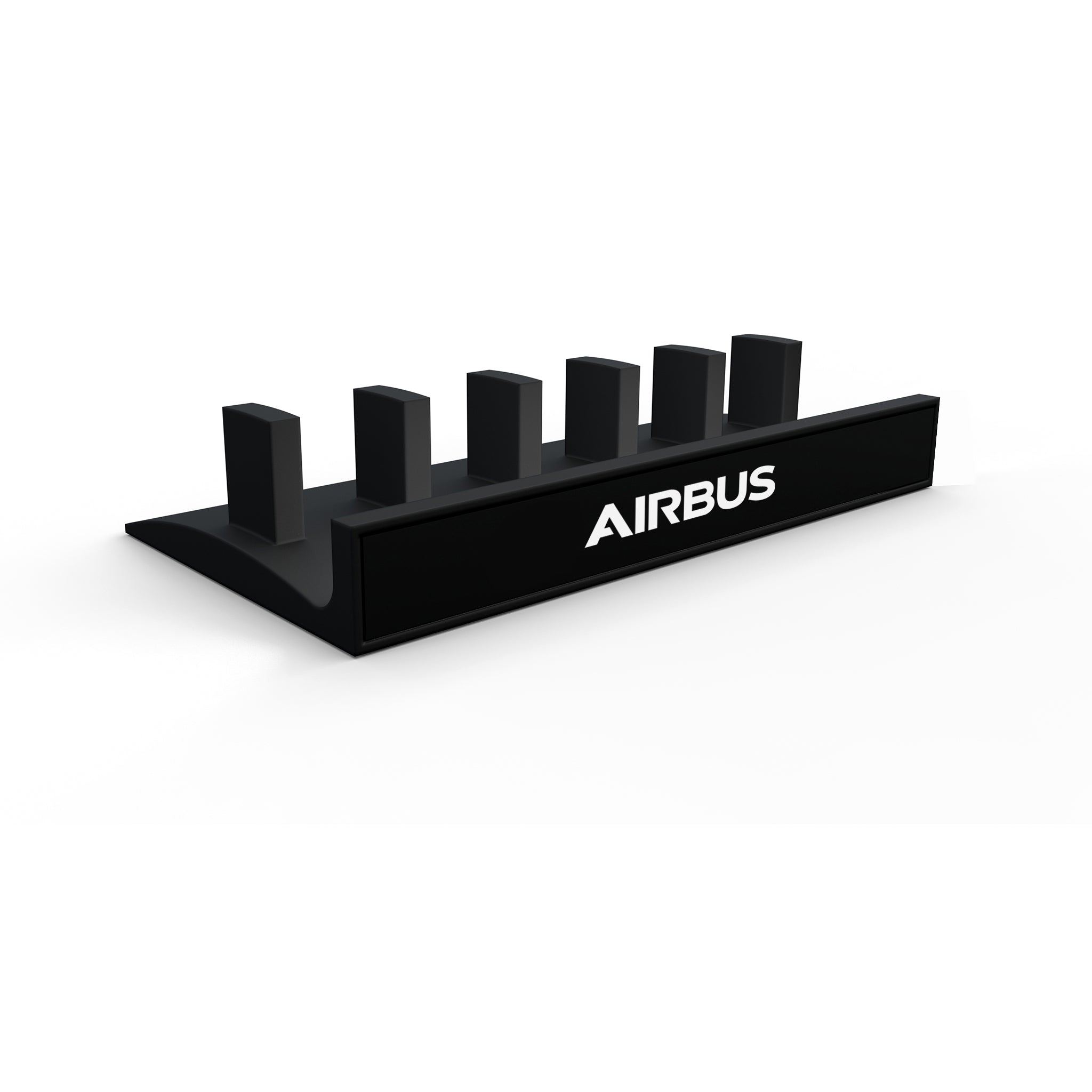 The Prodesksim Honeycomb Bravo Add-on ORGANIZER is a sleek black stand with "AIRBUS" in white, featuring six vertical slots ideal for organizing handles and levers. It elegantly stands against a plain white background.