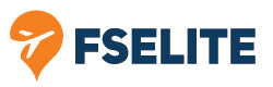 Logo for FSElite featuring an orange, stylized location pin with a white airplane icon inside, followed by the text "FSElite" in bold, dark blue letters. The background is white.