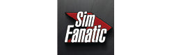 The image features a logo with the words "Sim Fanatic" in bold white letters, positioned diagonally on a dark background with a red arrow pointing to the right.