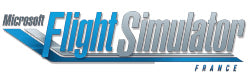 Logo for Microsoft Flight Simulator France, featuring stylized text with "Microsoft" in small black font and "Flight Simulator" in large blue and silver gradient font. "France" is in smaller blue text below "Simulator.