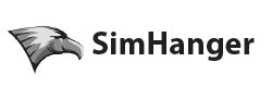 Logo of SimHanger featuring a stylized eagle head in profile on the left, with the word "SimHanger" in bold black text to the right. The design is simple with a monochromatic color scheme.