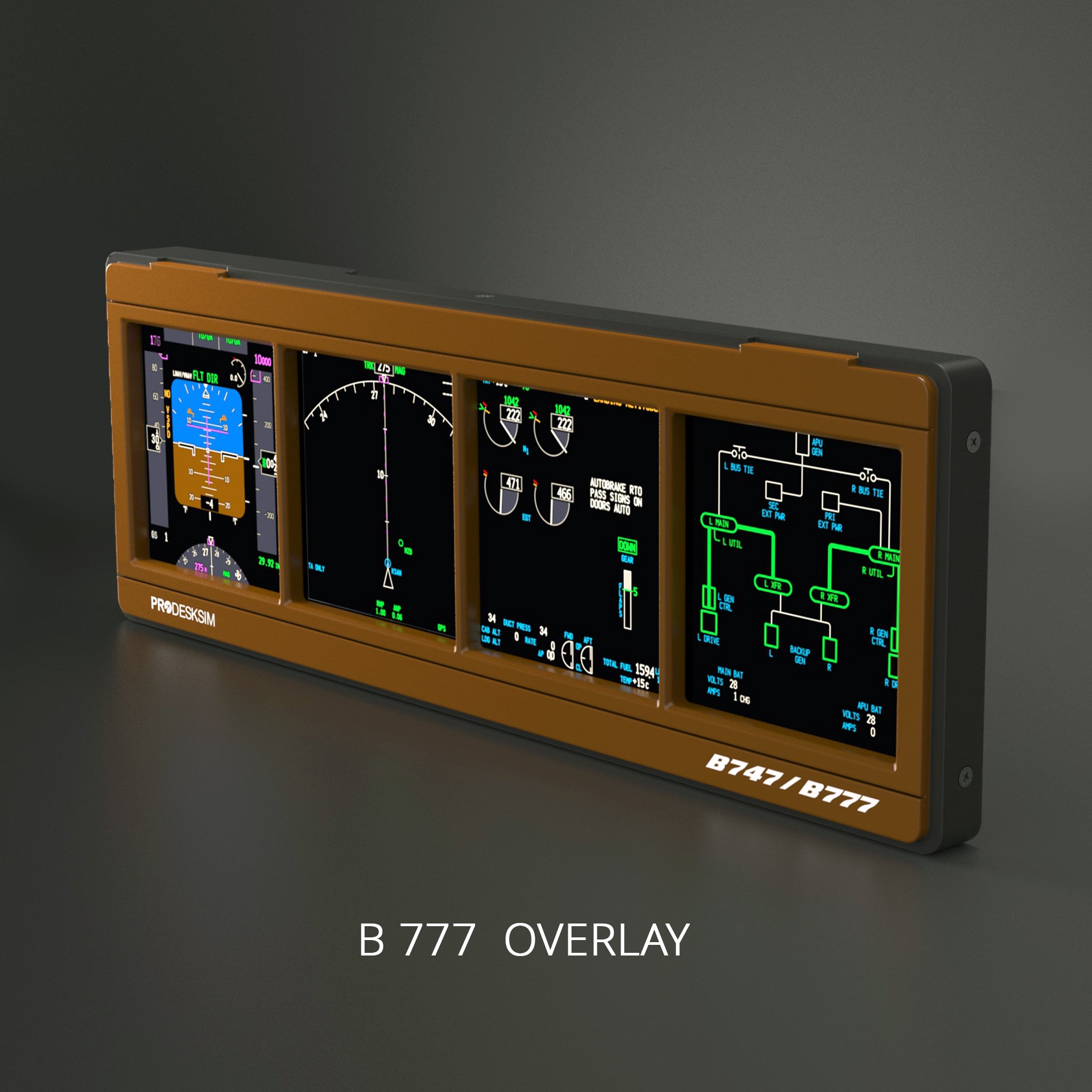 The Prodesksim ProDeskSim Modular Display Unit features four digital cockpit screens showing flight data labeled "B747/B777," with "B 777 OVERLAY" text displayed below on a gray background.