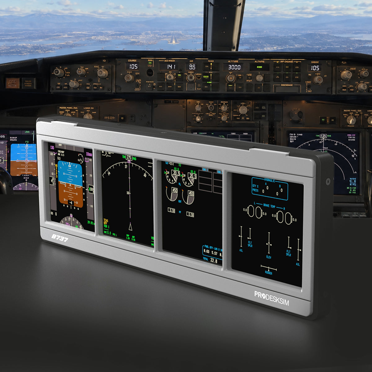 A Prodesksim ProDeskSim Modular Display Unit presents essential flight instruments, positioned in front of a realistic Boeing 737 cockpit featuring a detailed avionics panel, control panels, and indicators. Interchangeable overlays offer additional versatility, and the runway is visible through the cockpit windows.