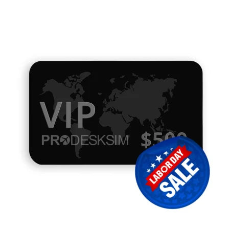 A black rectangular Prodesksim VIP gift card, featuring a world map silhouette, displays "VIP" and "$500" in bold grey with "PRODESKSIM" in smaller text. Perfect for special occasions or exclusive flight experiences. Instantly delivered and ready to use.
