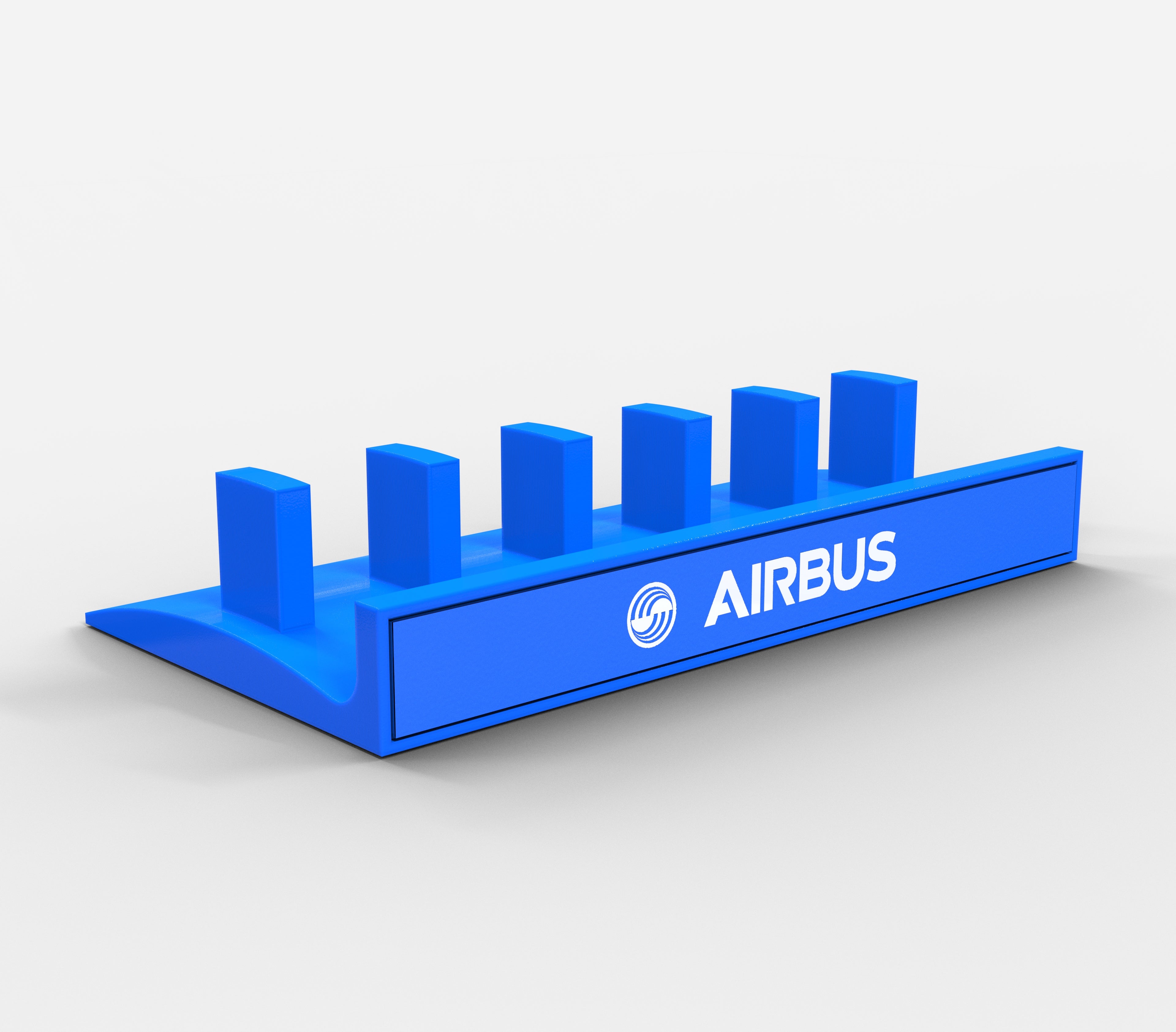 A blue 3D-printed model with six vertical rectangular prongs on a sloped base showcases the Boeing 737 Detent/Spring mechanism flaps and speed brake by Prodesksim. The realistic design echoes the precision of Honeycomb Bravo, displayed against a plain white background.