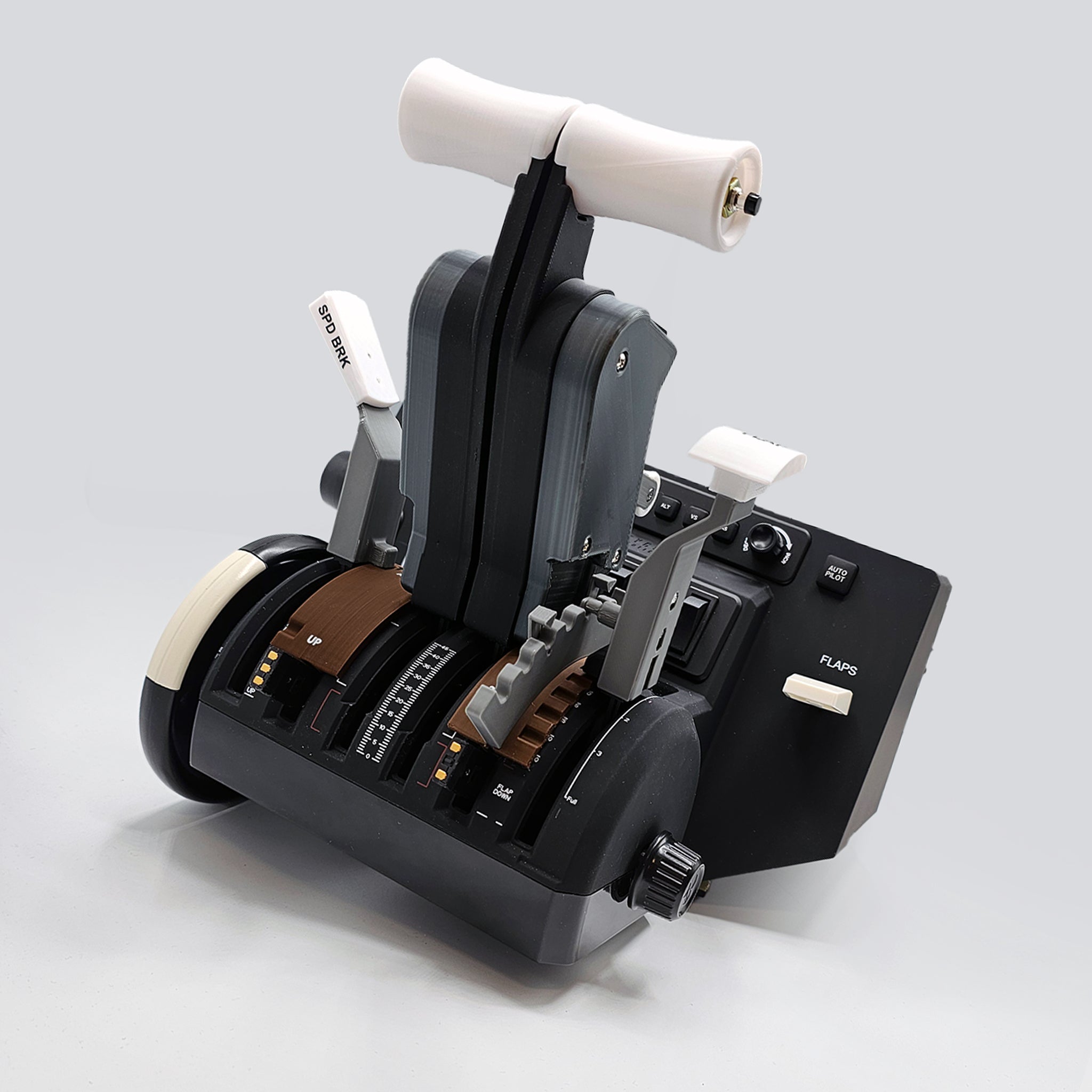 A detailed view showcases the NEW! ProDeskSim Boeing 777 Advanced Full Package Addon for the Honeycomb Bravo throttle quadrant, featuring multiple levers and switches on a simple background. This product, by Prodesksim, replicates the aircraft control systems of the Boeing 777, significantly enhancing any flight simulation experience.