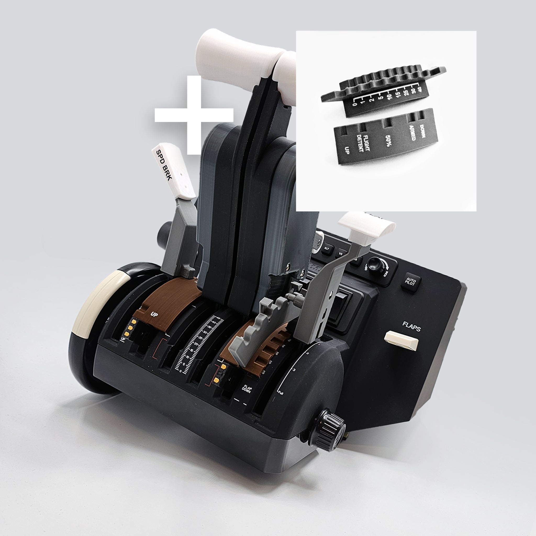 The ProDeskSim Boeing 777 Advanced Full Package Addon for Honeycomb Bravo and Flight Simulator, from Prodesksim, is ideal for enhancing your Boeing 777 experience. It includes three levers, two black adjustment knobs, and a switch panel with labeled switches. Additionally, an inset showcases advanced control functions with buttons similar to those found on the Honeycomb Bravo.