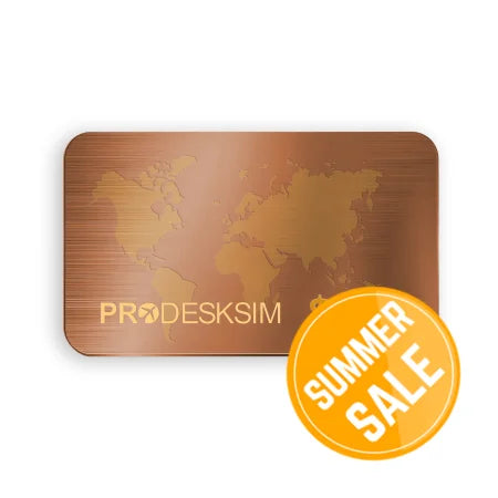 The Bronze Gift Card features a brushed copper look with a gold world map, "PRODESKSIM," "$100" in gold, and a circular logo between "PRO" and "DESK." Instant and ready to use, Prodesksim gift cards are the ultimate gift of flight for any special occasion.