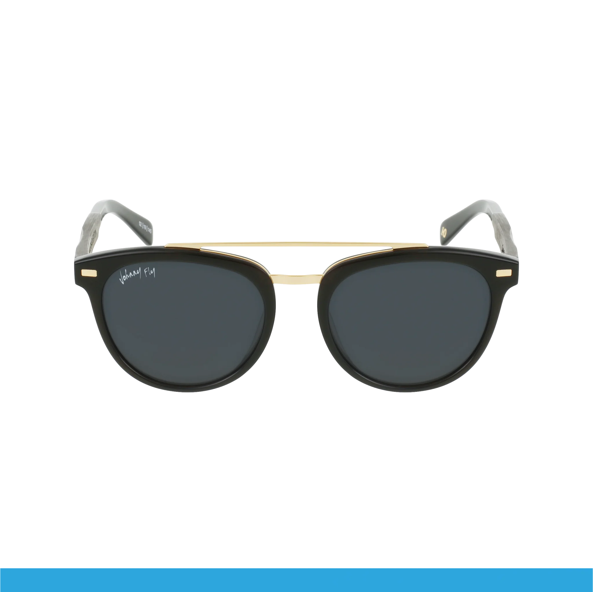 Introducing the Captain by Johnny Fly: These stylish round sunglasses feature a sleek black acetate front, polarized lenses, and thin metallic arms. The brand name is elegantly inscribed on the upper left lens.