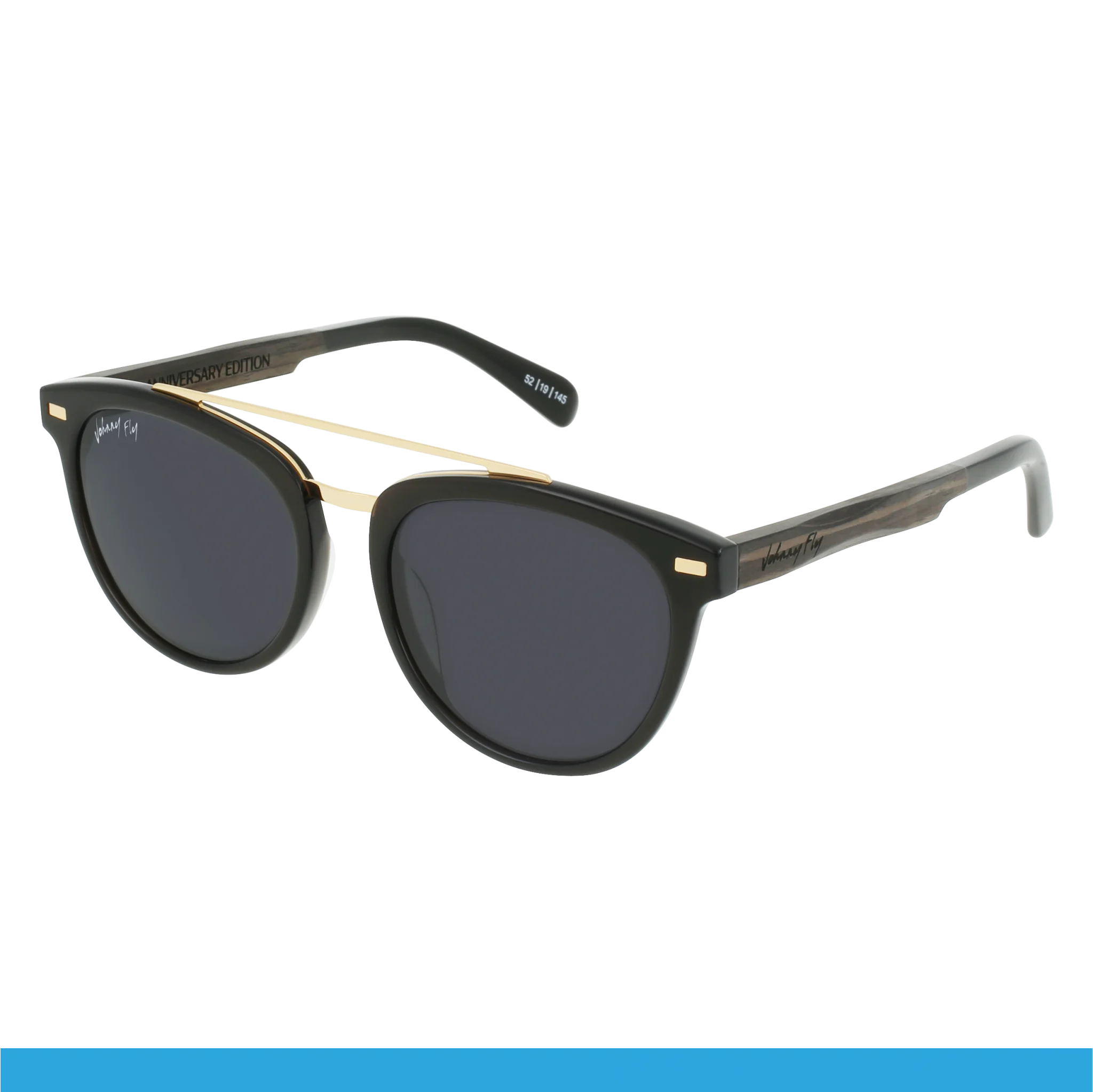 A pair of stylish Captain sunglasses from Johnny Fly, featuring an acetate front section and polarized lenses with black frames and round dark lenses. Subtle gold accents on the temples add a touch of elegance, while the Johnny Fly brand name graces the side for a sophisticated finish.