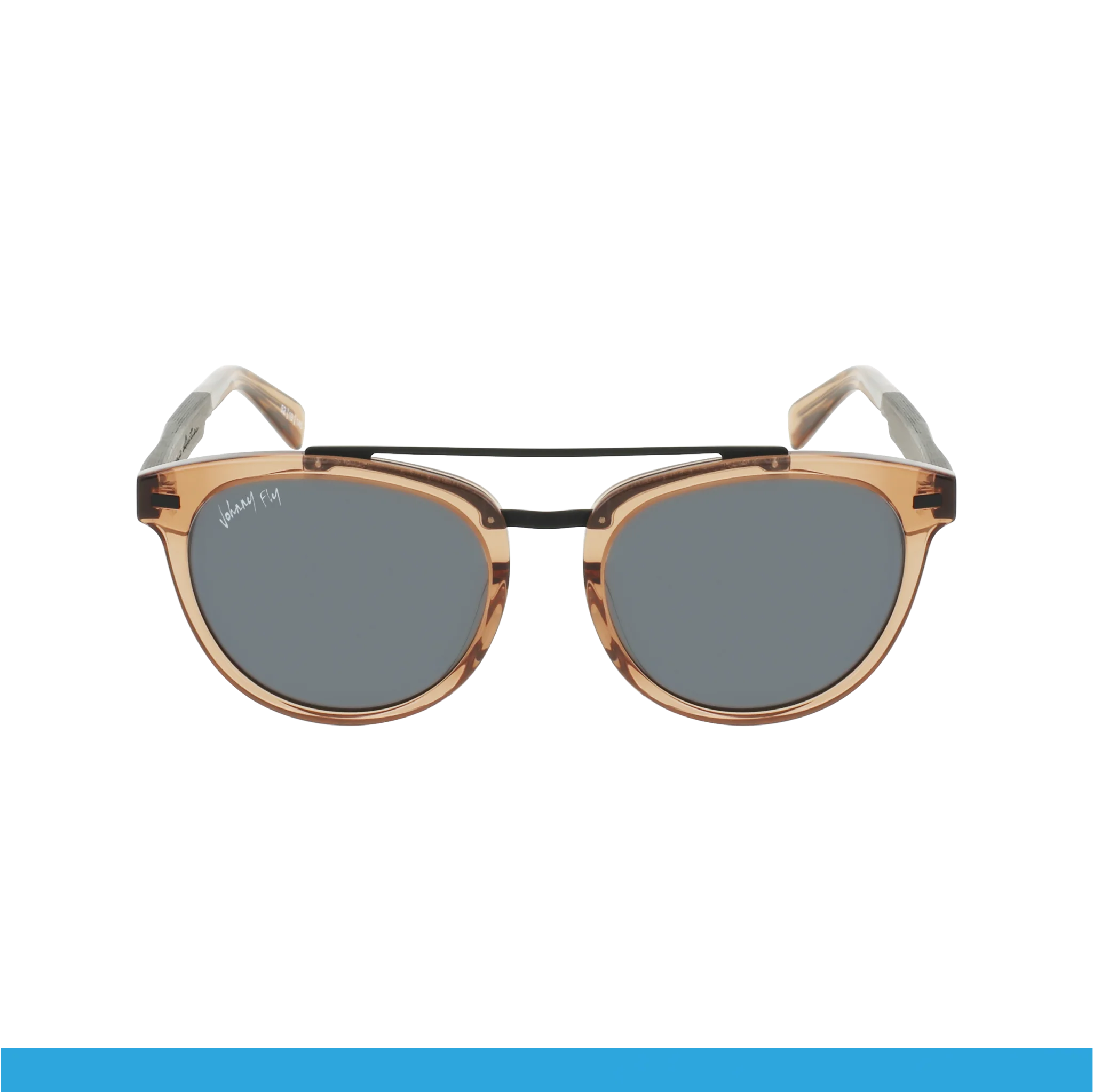 Captain sunglasses by Johnny Fly, featuring round black polarized lenses and a light brown translucent acetate front section.