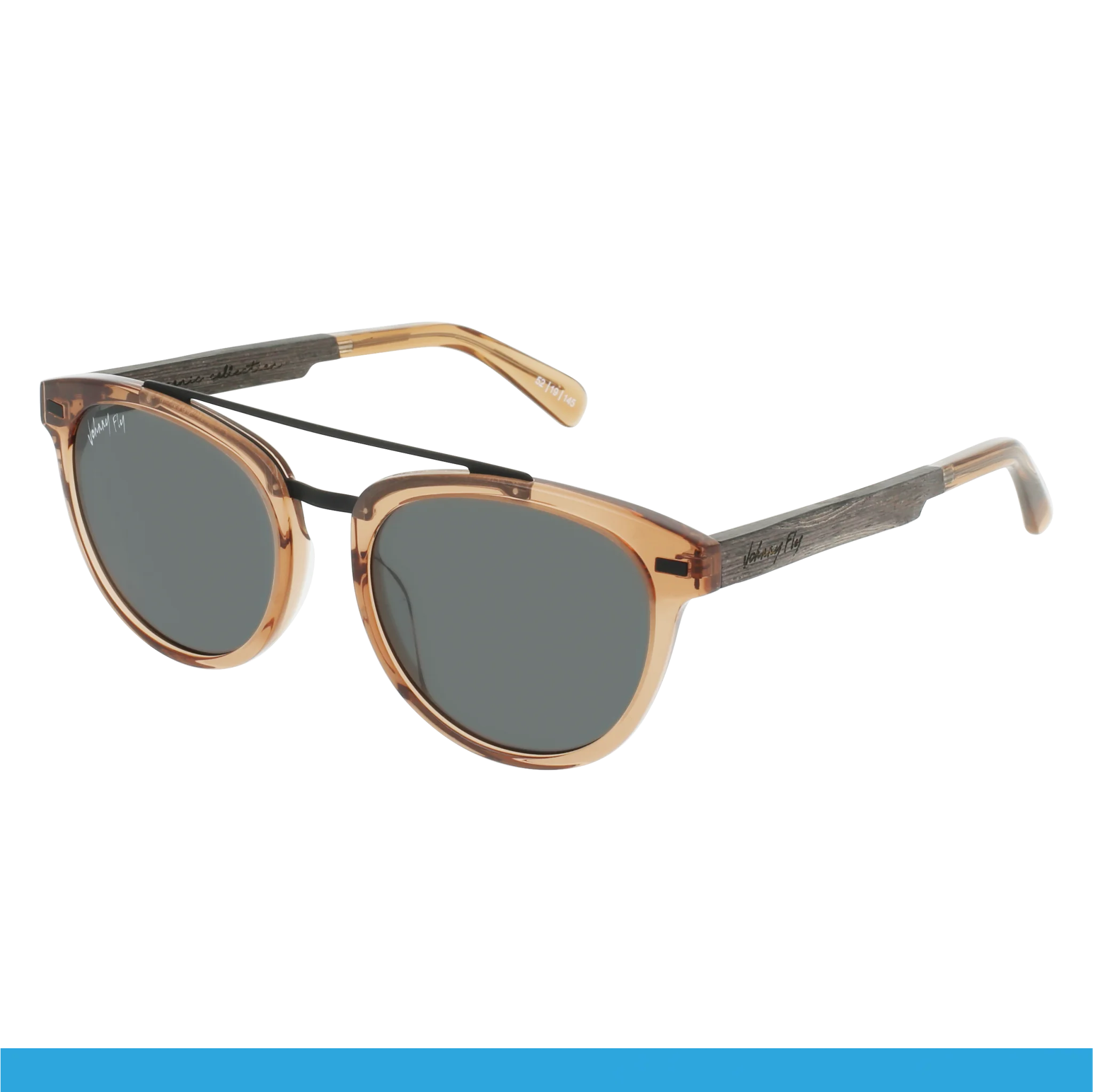 Introducing the Captain by Johnny Fly: These stylish sunglasses feature a light brown acetate front and dark polarized lenses, complemented by textured arm tips. Their modern and sleek design makes them ideal for casual wear.