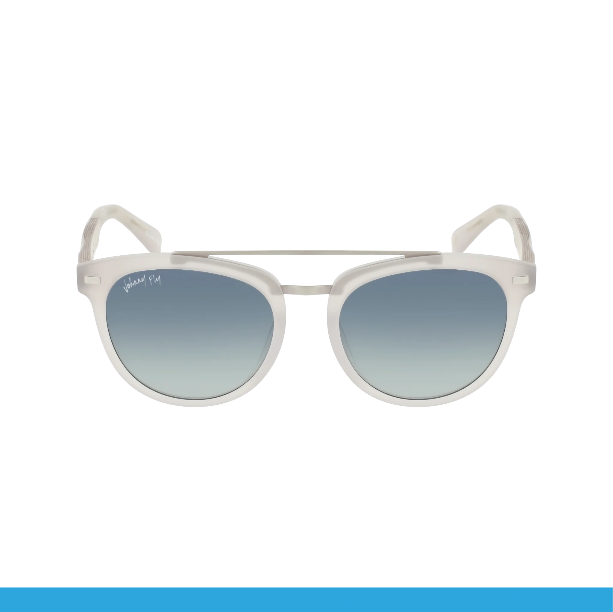 Introducing the Captain sunglasses by Johnny Fly, boasting an acetate front section and white frames paired with gradient lenses for a sleek, modern design. The left lens features subtle writing in the top corner, adding a touch of sophistication. These sunglasses are elegantly displayed against a plain black background.