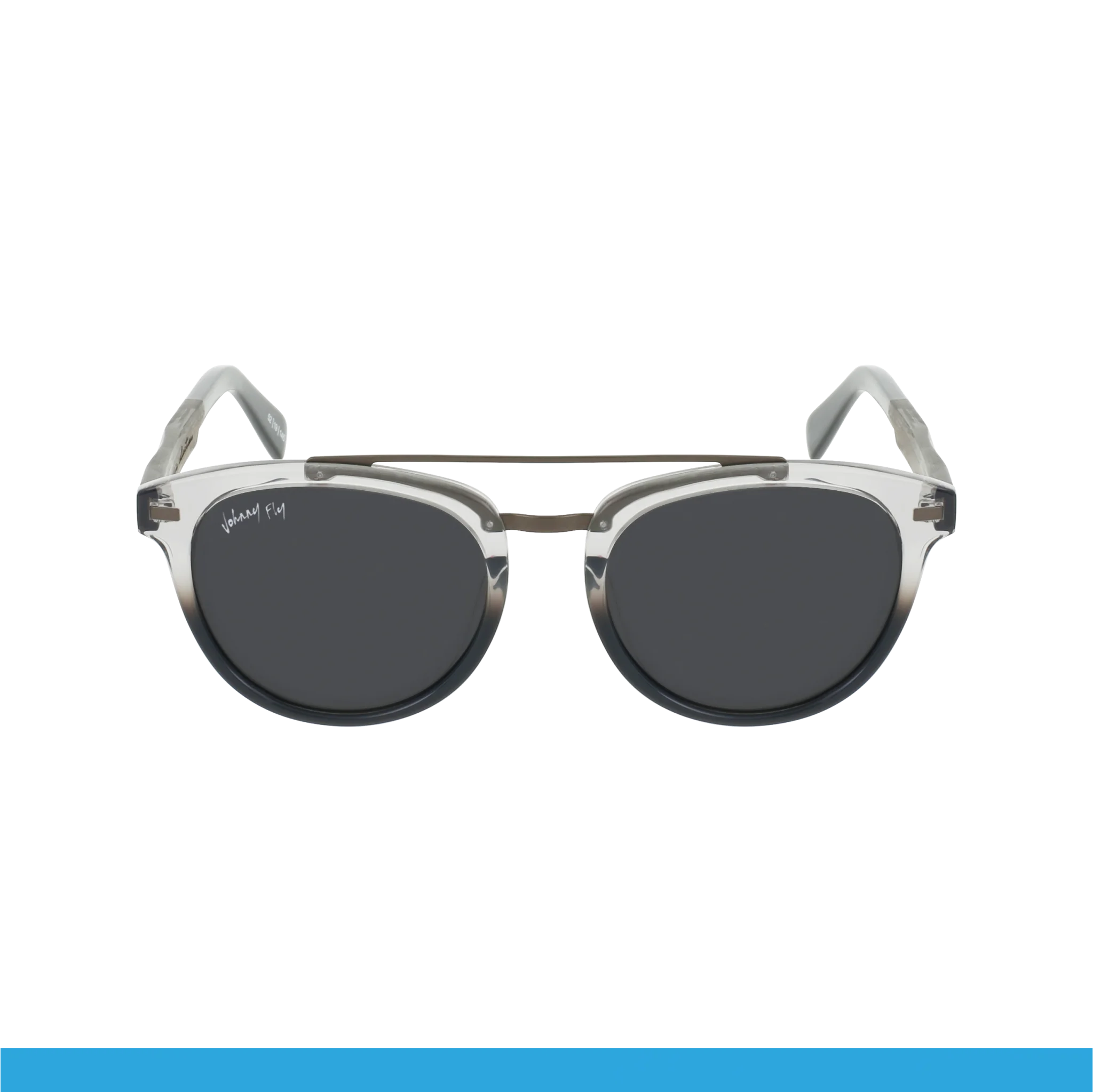 The Johnny Fly "Captain" sunglasses showcase transparent acetate frames with polarized round dark lenses and a metal nose bridge, elegantly paired with stylish wooden arms, all set against a white background.