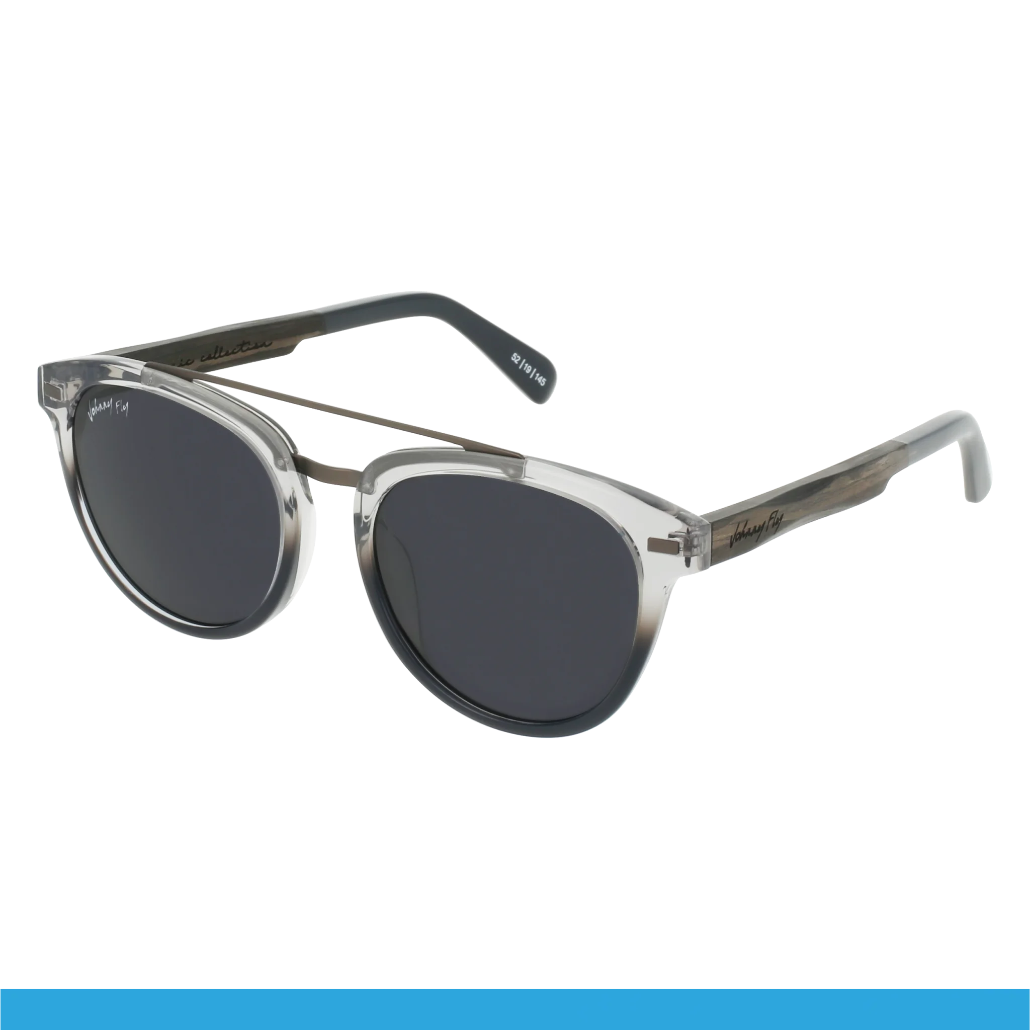 Introducing the Captain sunglasses by Johnny Fly, which boast a stylish design characterized by an acetate front section and dark polarized lenses. The brand's name is subtly displayed on the temples, enhancing their modern appeal.