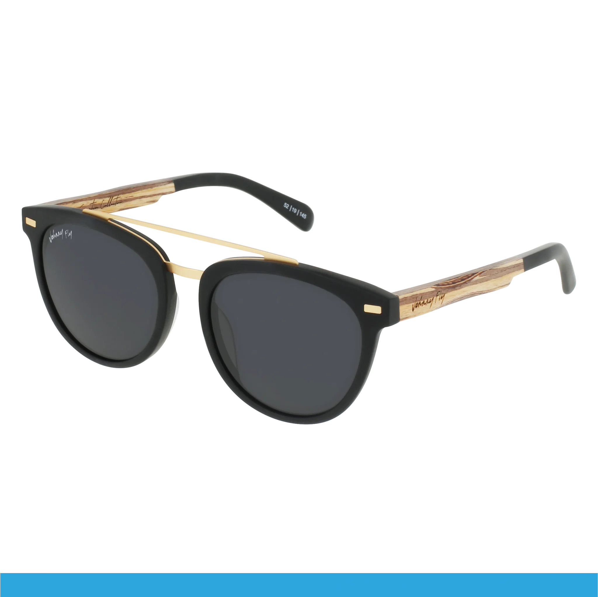 The Captain sunglasses by Johnny Fly combine style and elegance with an acetate front design showcasing black frames and gold accents on the temples and hinges. The wooden arms enhance their sophistication, while the dark-tinted lenses ensure superior sun protection.