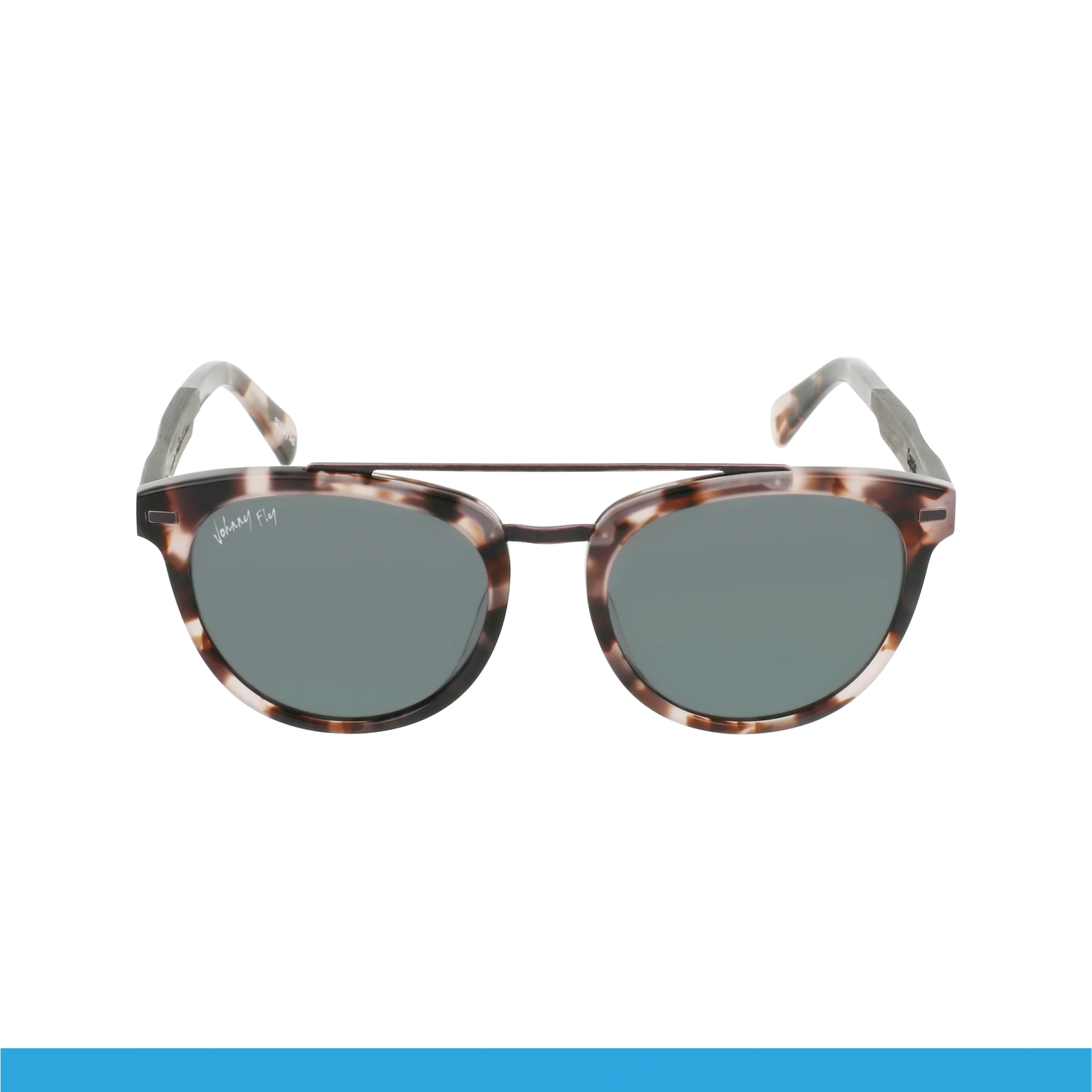 The Johnny Fly "Captain" sunglasses are shown against a white background, showcasing their tortoiseshell-patterned frames and dark, polarized lenses. The acetate front section blends seamlessly into the design, while the arms carry the matching tortoiseshell pattern.