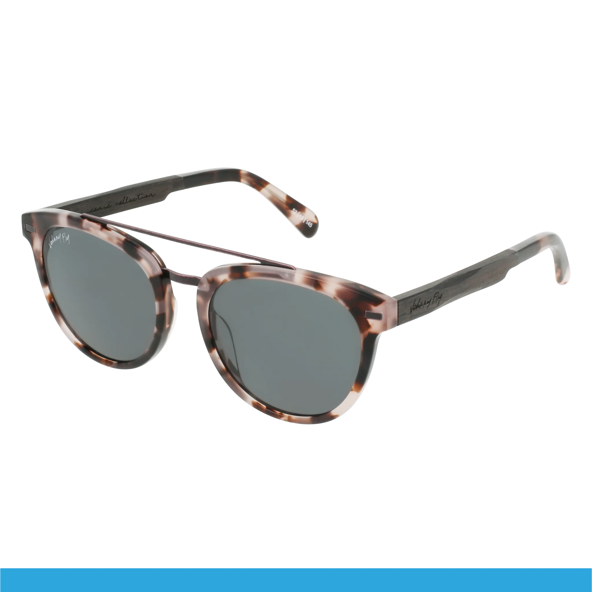 The Captain sunglasses by Johnny Fly showcase an acetate front section with chic tortoiseshell frames and dark polarized lenses. Their slim and sleek arms add an elegant touch to the design.