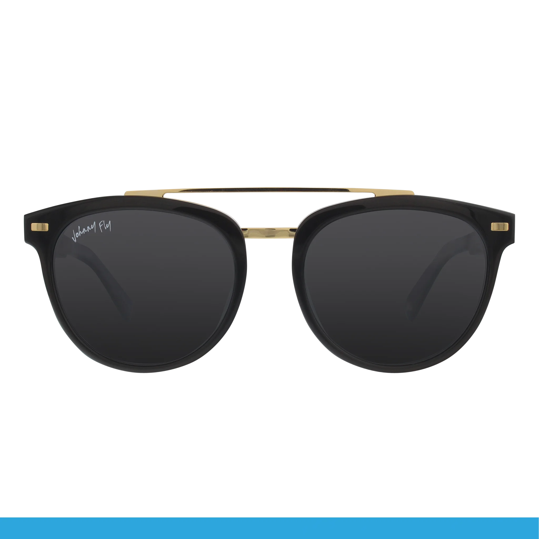 The Captain sunglasses by Johnny Fly feature a sophisticated design with black frames accented by gold details and dark lenses. A brand signature graces the top left lens, while an acetate front section is stylishly complemented by a thin gold bar across the top. These elegant shades are perfect for any occasion.