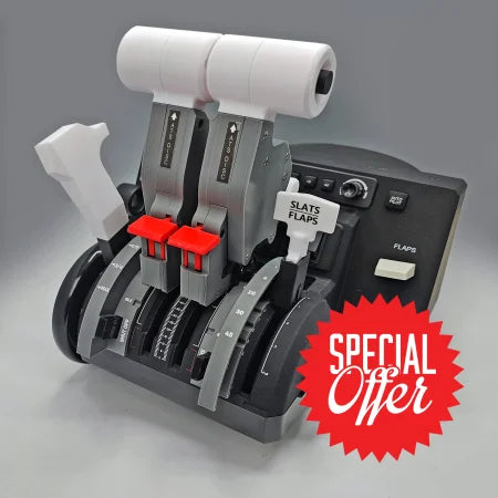 Prodesksim introduces the new Bombardier CRJ 500-1000 addon/mod package for the Honeycomb Bravo throttle quadrant, tailored for flight enthusiasts. This setup includes levers for engine control, flaps with labeled controls, and a variety of switches and knobs, all supported by a robust black base perfect for enhancing your flight simulation experience.