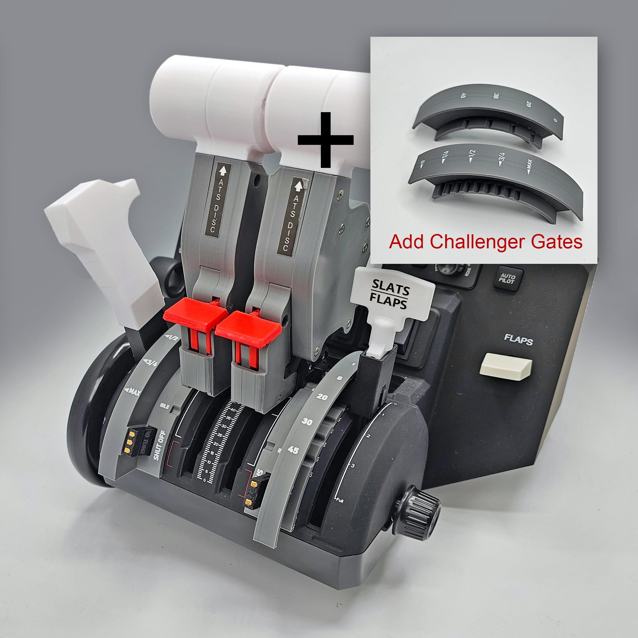 This image displays the Prodesksim NEW Bombardier CRJ 500-1000 addon/mod package for the Honeycomb Bravo throttle quadrant and flight simulator. The throttle quadrant features two levers with red safety locks labeled for engine control, and the inset shows additional parts marked "Add Challenger Gates" that resemble those of the Bombardier CRJ Series, along with various switches and dials on its base.