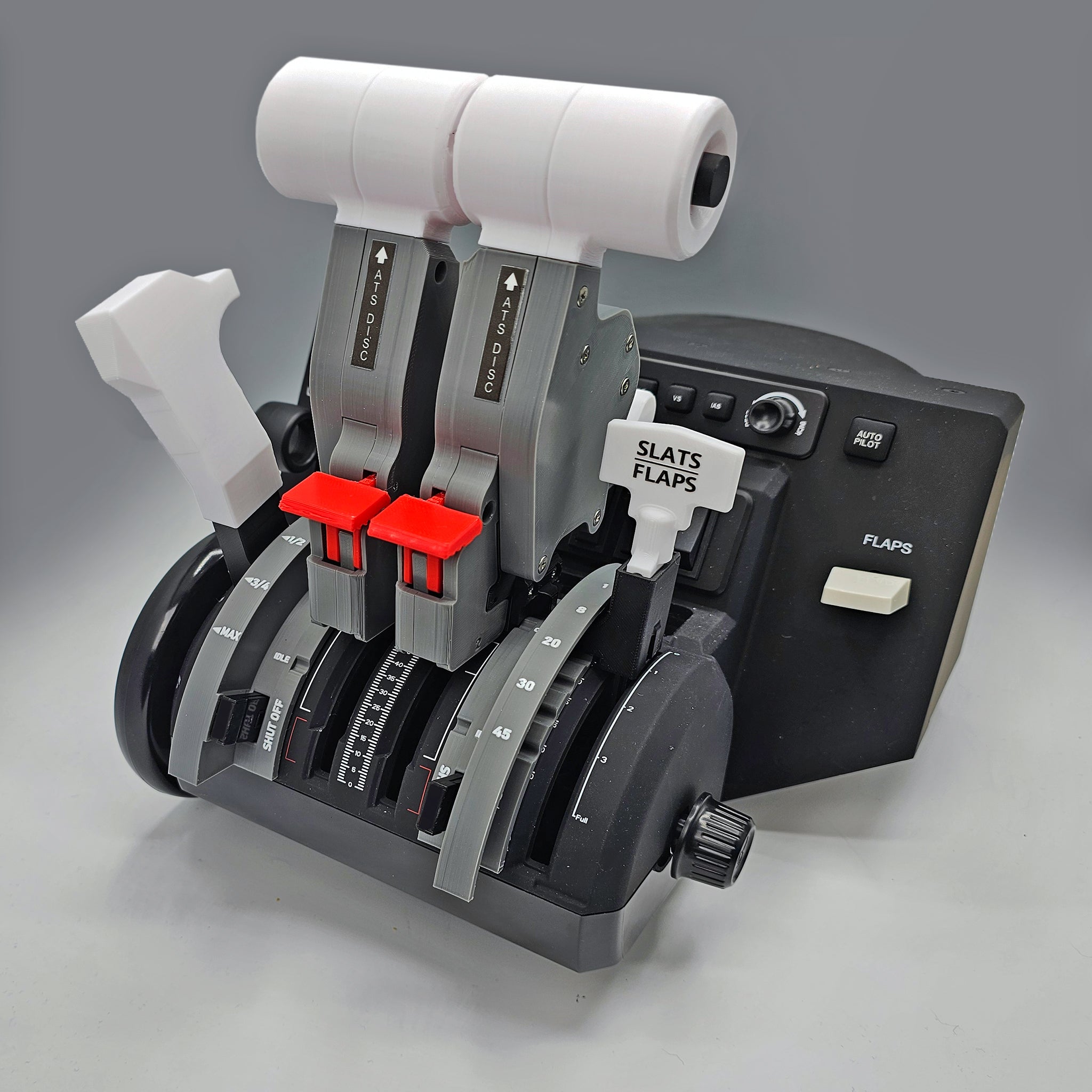 A detailed view of the Prodesksim Honeycomb Bravo throttle quadrant, part of the NEW Bombardier CRJ 500-1000 addon/mod package, shows dual levers, buttons, and clearly labeled controls for "SLATS" and "FLAPS," making it perfect for flight simulation. The unit sits against a neutral gray background.