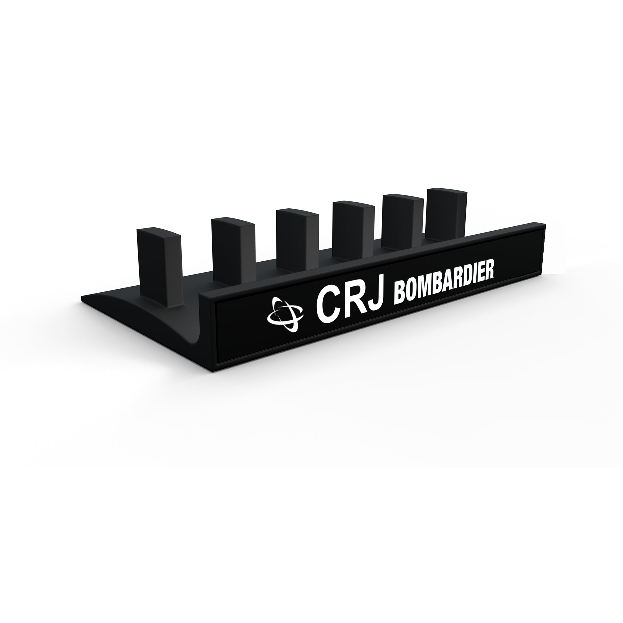 Introducing the Honeycomb Bravo Add-on ORGANISER by ProDeskSim, a stylish black stand/organizer featuring the "CRJ Bombardier" text and a discreet logo on the front. This model includes five vertical slots of differing heights, seamlessly enhancing your Honeycomb Bravo levers with its contemporary design.