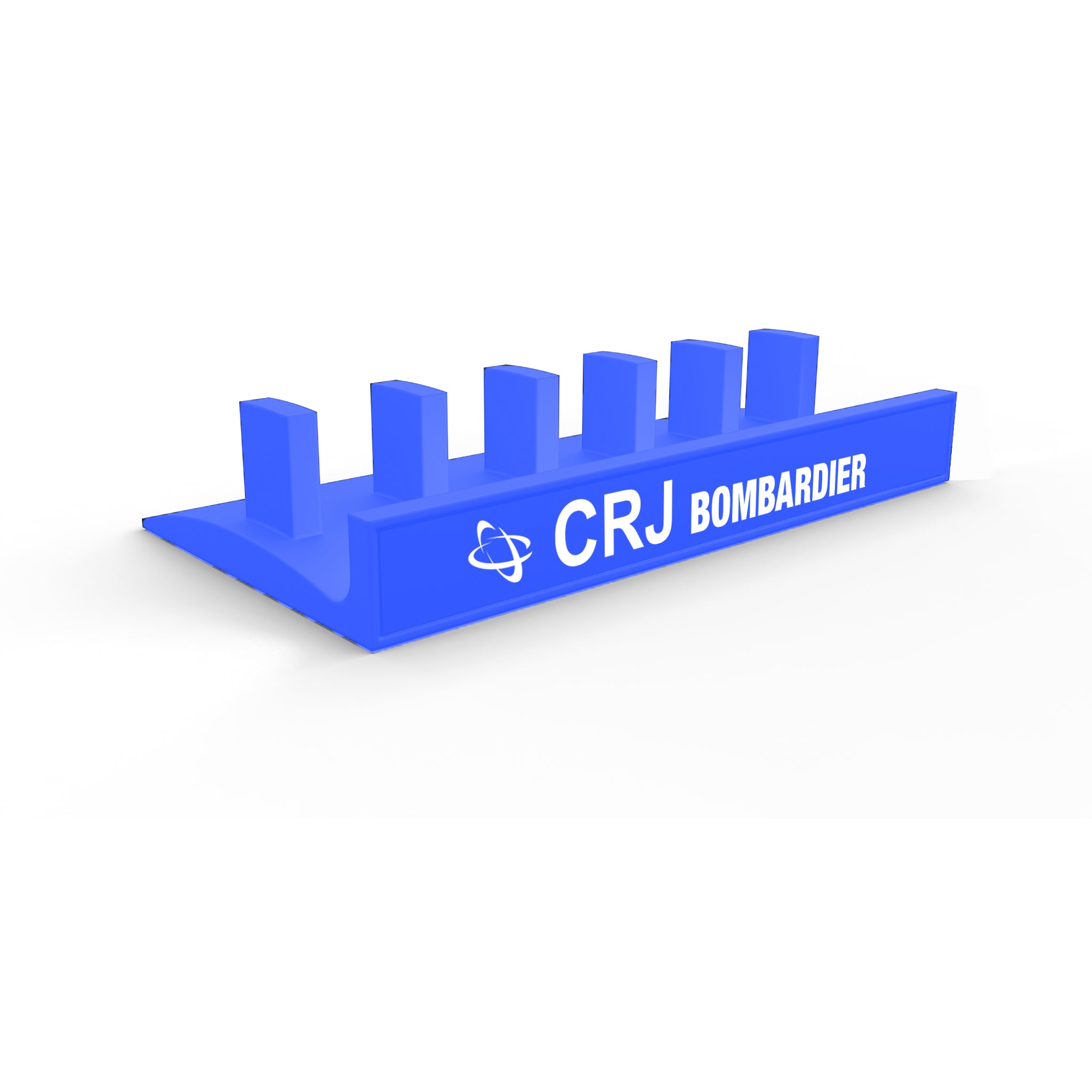 A blue 3D-printed stand ideal for your ProdeskSim levers, featuring "CRJ Bombardier" on the side, this Honeycomb Bravo Add-on ORGANIZER by Prodesksim includes six vertical slots designed to hold items upright with style and precision.