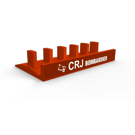 Introducing the Honeycomb Bravo Add-on ORGANIZER by Prodesksim, a red rectangular stand with the "CRJ Bombardier" text and aircraft logo on its side. It features six vertical slots perfect for holding ProDeskSim or Honeycomb Bravo levers, all set against a sleek white backdrop.
