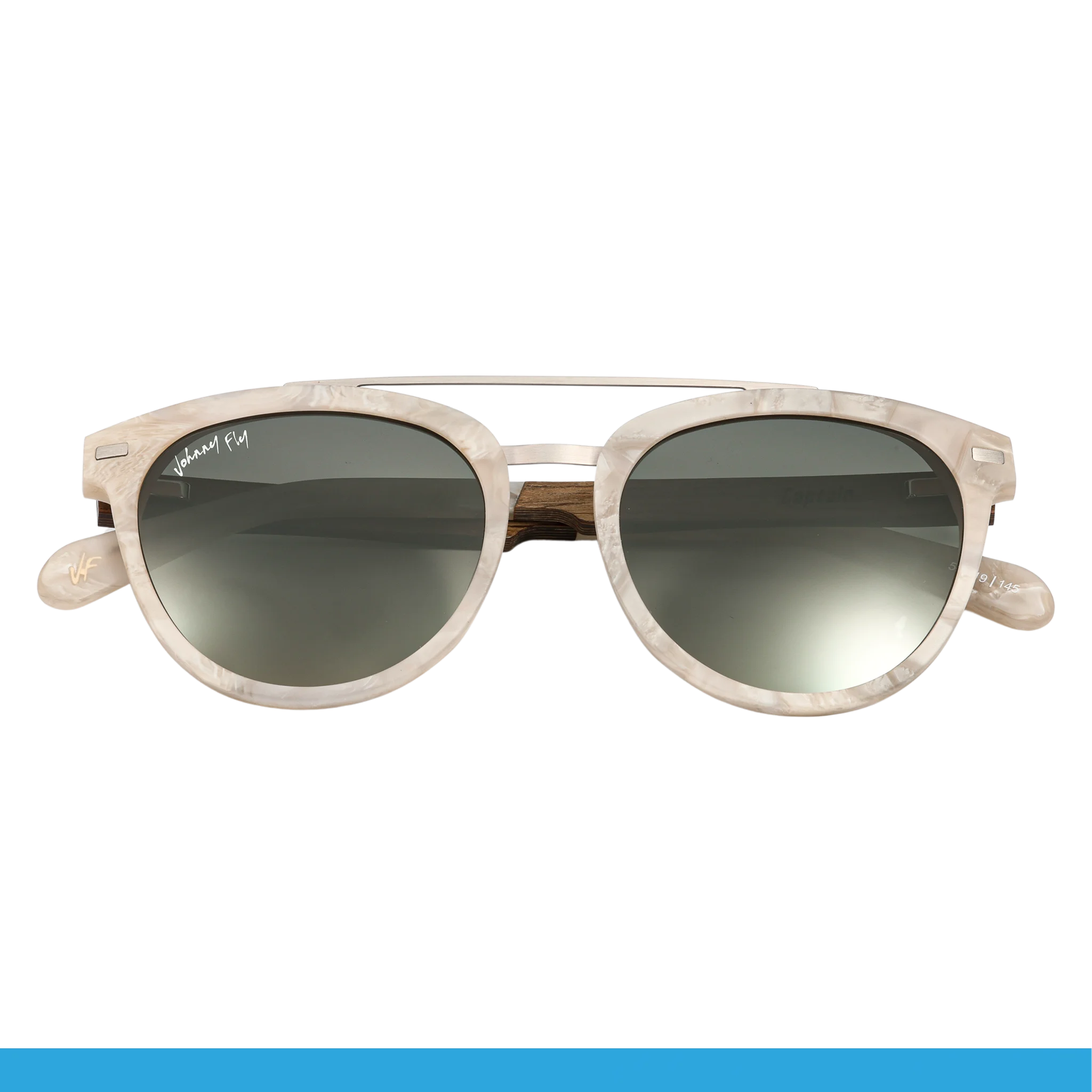 The Johnny Fly Captain sunglasses feature a light, marble-patterned acetate front section and dark polarized lenses. The signature details can be seen on the upper corners of the frame, all set against a black background.