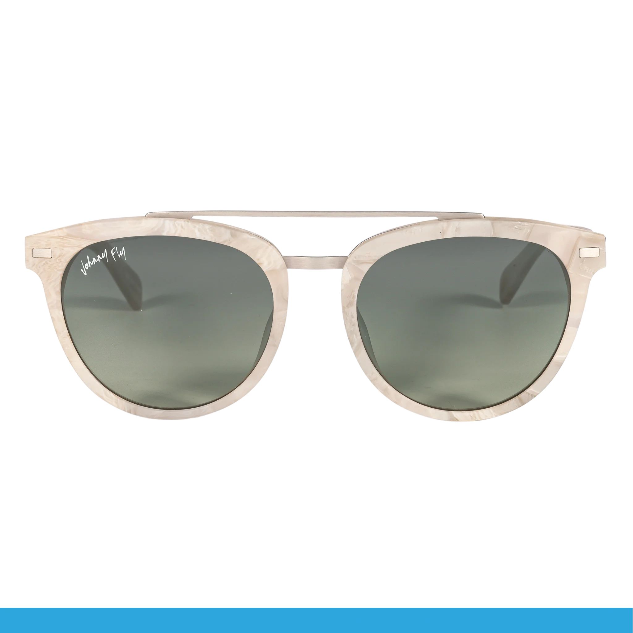 A pair of stylish "Captain" sunglasses from Johnny Fly features round, dark lenses and a light-colored acetate front section. With wooden arms and a sleek, modern design, the brand name is elegantly displayed on the top left lens for added flair.