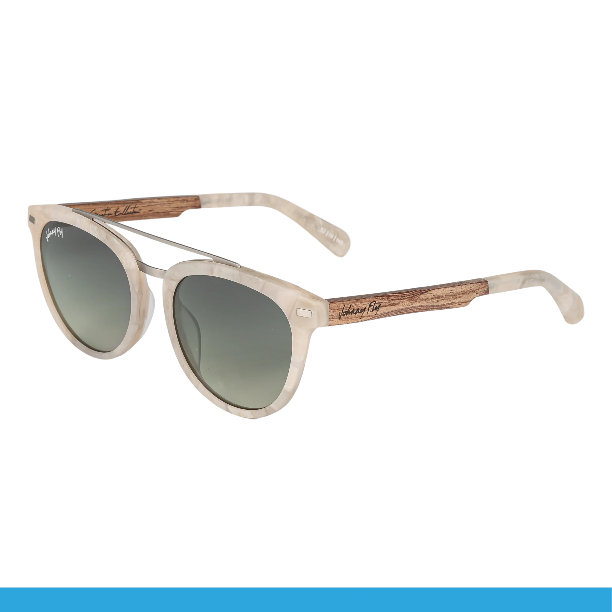 The Captain sunglasses by Johnny Fly boast a light cream acetate front with brown wooden arms and gradient lenses.