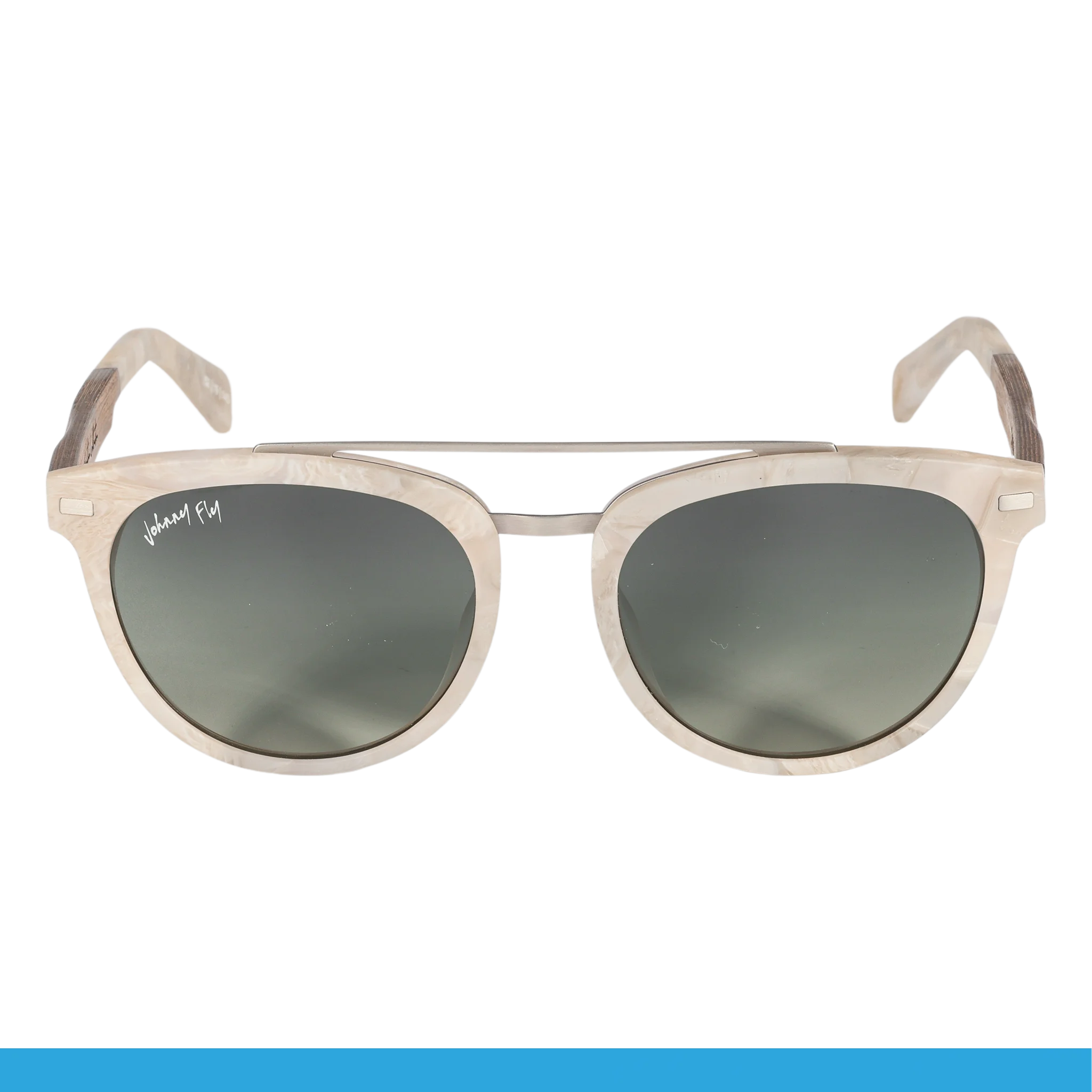 Introducing the "Captain" by Johnny Fly, a chic pair of sunglasses boasting gray-tinted, polarized lenses and a marbled white acetate front section. The design is accented with wooden arms featuring subtly curved temples and a sophisticated double bridge.