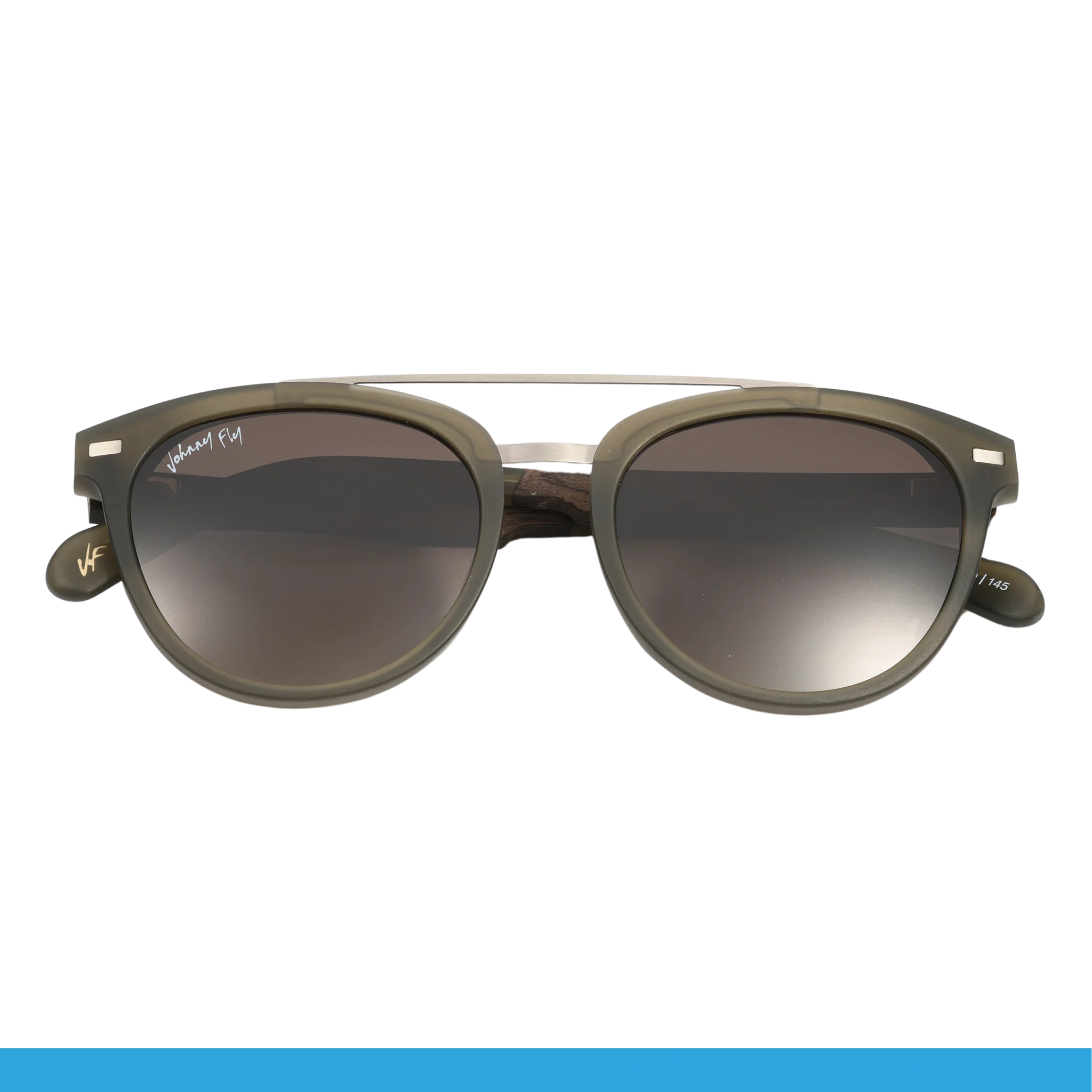 The Captain sunglasses by Johnny Fly feature round, polarized dark lenses and a thin metal bridge. The frames have an olive green hue with subtle metallic accents and stylish wooden arms.