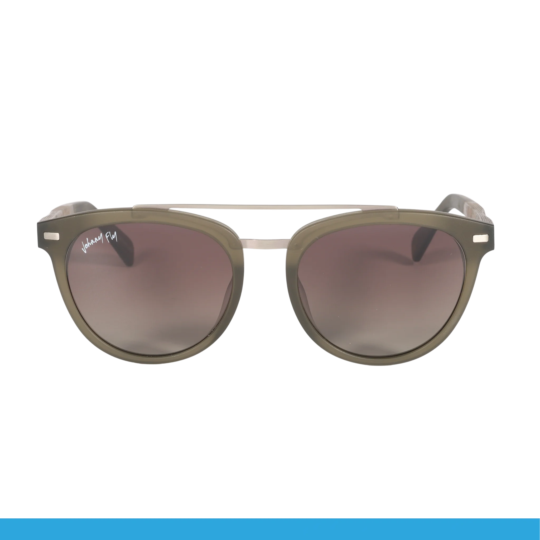 Introducing the Captain sunglasses from Johnny Fly, featuring a pair of olive green frames with dark, polarized lenses. These sleek sunglasses boast a signature on the top left lens and a slight cat-eye shape. The design includes an acetate front section complemented by metal accents near the hinges.