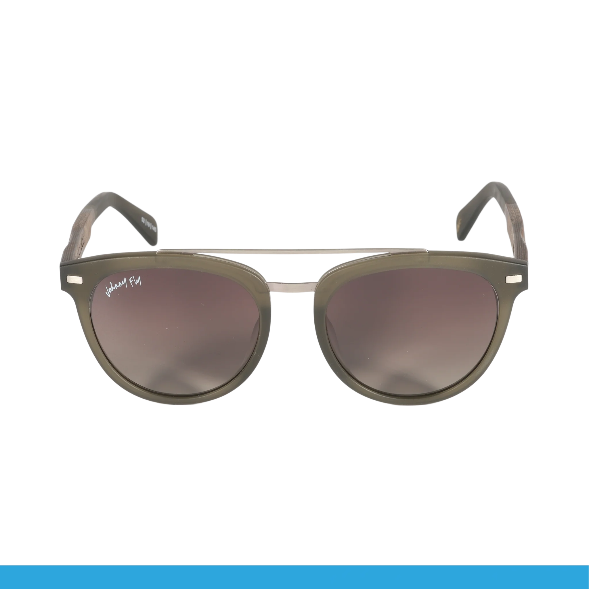 Presenting the "Captain" sunglasses by Johnny Fly, a stylish pair of round, brown eyewear featuring a sleek metallic double bridge and polarized brown-tinted lenses. The acetate front section adds subtle elegance, complemented by small metallic details on the hinges. The left lens showcases white signature text, while the slightly curved temples complete the design.