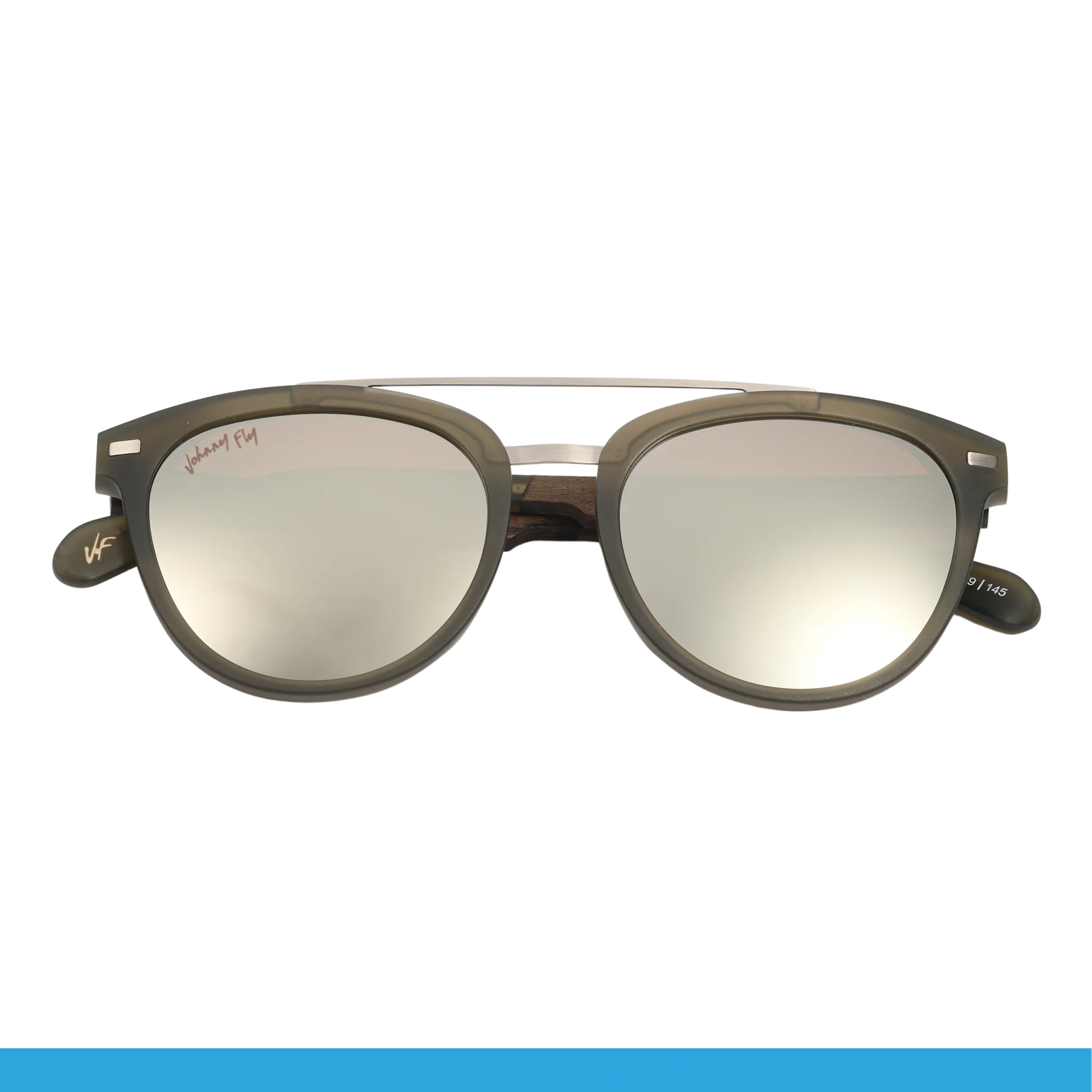 Introducing the Captain sunglasses by Johnny Fly, featuring reflective round lenses set in a sleek dark frame. These stylish sunglasses have slightly curved wooden arms with subtle branding on the temples and a light mirror finish on the lenses for enhanced chic appeal.