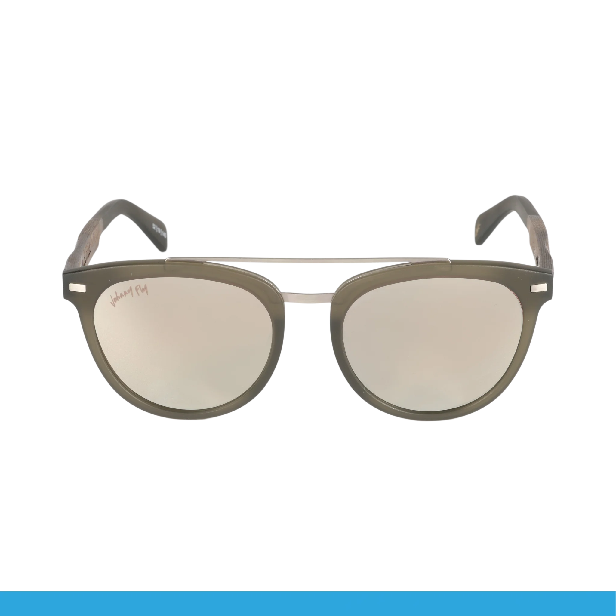 The Captain by Johnny Fly is a pair of sunglasses featuring round, slightly reflective polarized lenses and a dark acetate front section, with temples showcasing a subtle tortoiseshell pattern.