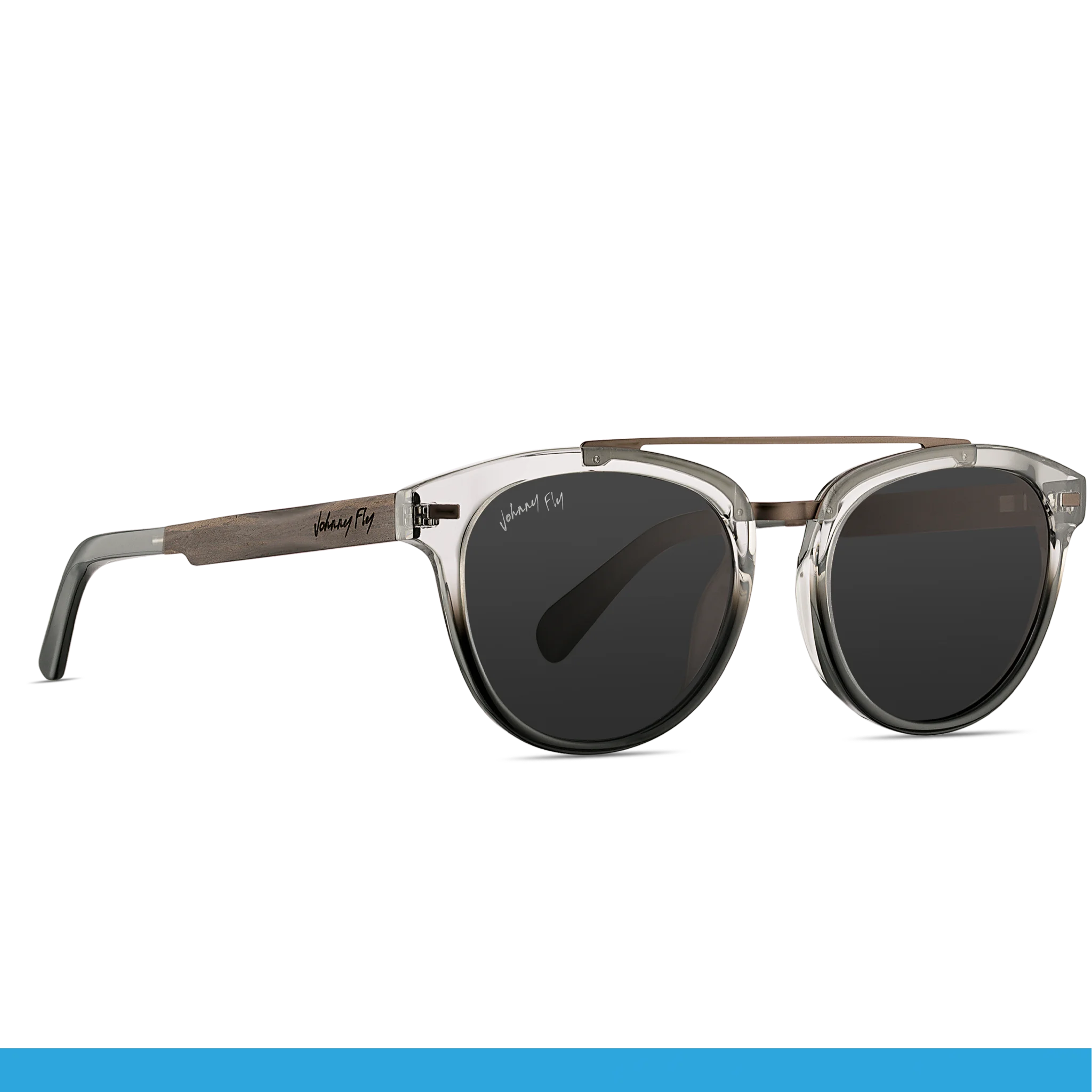 Stylish "Captain" sunglasses by Johnny Fly, featuring dark round lenses, a transparent acetate front section, and striking dark brown temples.