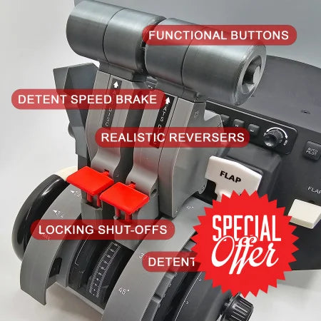 Close-up of the NEW Game Changing Challenger 6xx addon for the Honeycomb Bravo throttle quadrant by Prodesksim, showcasing its labeled features: functional buttons, realistic reversers, locking shut-offs, detent speed brake, and detent flaps. Enhanced for an immersive flight simulation experience, these features are highlighted in red text.