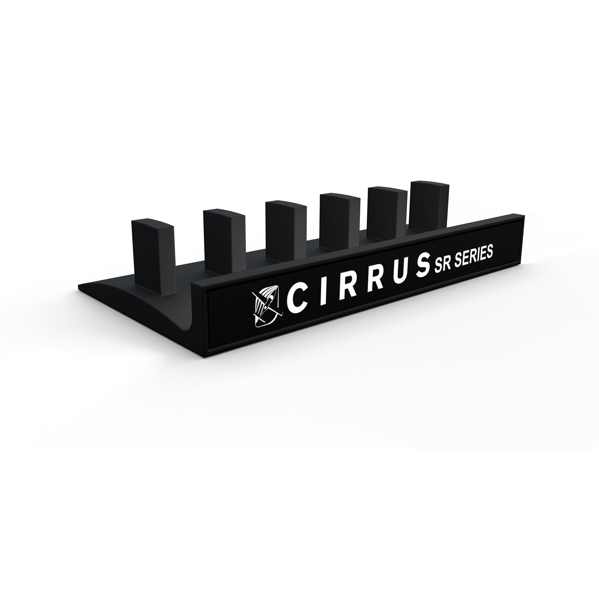 The Honeycomb Bravo Add-on Organizer by ProDeskSim is a sleek black display stand featuring the white text "CIRRUS SR SERIES." It boasts six rectangular slots, ideal for organizing or displaying items, and complements ProDeskSim levers with an aircraft logo or Honeycomb Bravo levers against a white background.