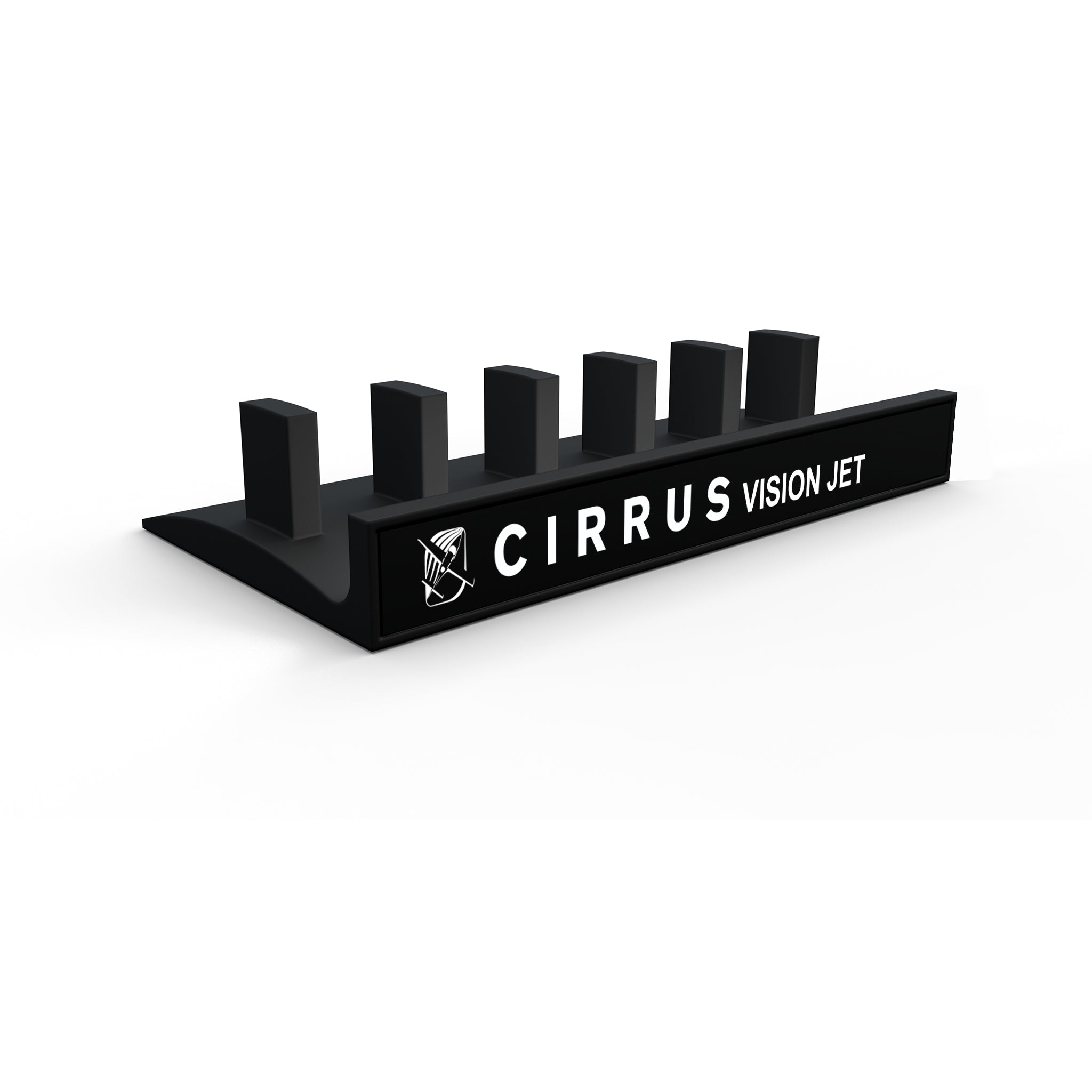 The Honeycomb Bravo Add-on ORGANIZER by Prodesksim is a stylish black stand with five key slots, showcasing "Cirrus Vision Jet" and an aircraft logo in white text on the side. Its compact design is crafted to complement ProDeskSim or Honeycomb Bravo levers effectively.