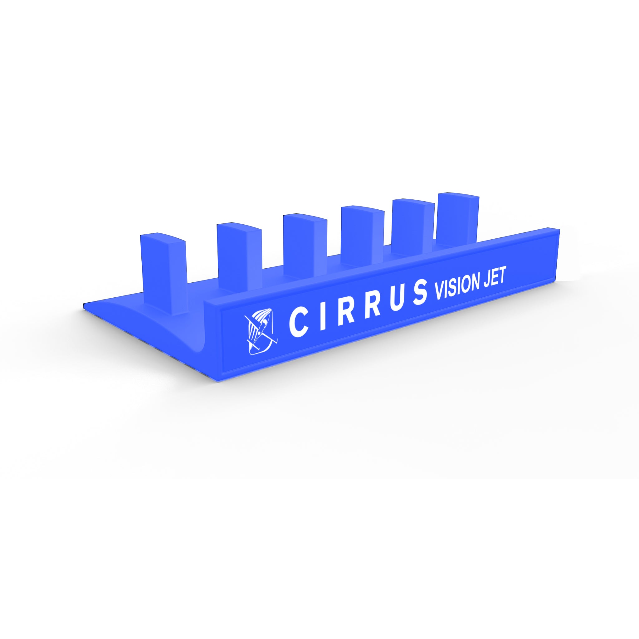 This blue 3D-printed stand organizer from Prodesksim, specifically designed for the Cirrus Vision Jet key, features six vertical pegs and displays the Cirrus logo along with "CIRRUS VISION JET" text on the side, making it a stylish addition for Honeycomb Bravo lever enthusiasts. The product is known as the Honeycomb Bravo Add-on ORGANIZER - ProDeskSim.